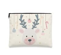 Simpatica borsa per il trucco con renna, borsa da viaggio per cosmetici a tema festivo, piccola borsa portatile in tela con cerniera, borsa da toilette natalizia per la cura della pelle, Crema, 7x9