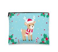 Simpatica borsa per il trucco con renna, borsa da viaggio per cosmetici a tema festivo, piccola borsa portatile in tela con cerniera, borsa da toilette natalizia per la cura della pelle, Blu, 7x9 Inch