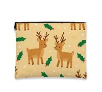 Simpatica borsa per il trucco con renna, borsa da viaggio per cosmetici da donna, piccola borsa portatile in tela con cerniera, borsa da toilette natalizia per la cura della pelle, Marrone, 7x9 Inch