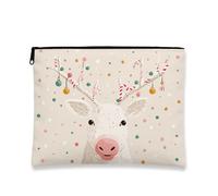 Simpatica borsa per il trucco con renna, borsa da viaggio per cosmetici da donna, piccola borsa portatile in tela con cerniera, borsa da toilette natalizia per la cura della pelle, Beige, 7x9 Inch