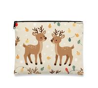 Simpatica borsa per il trucco con renna, borsa per cosmetici da donna, piccola borsa portatile in tela con cerniera, borsa da toilette invernale per la cura della pelle, Beige, 7x9 Inch, Renna