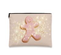 Simpatica borsa per il trucco di pan di zenzero, color pesca glitterata, borsa da viaggio per donne, piccola borsa portatile in tela con cerniera, borsa da toilette per la cura della pelle delle