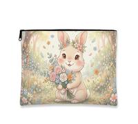 Simpatica borsa per il trucco floreale, adorabile sacchetto cosmetico a forma di coniglio, borsa portatile in tela con cerniera, organizer da viaggio primaverile, Pastello., 7x9 Inch, Coniglio