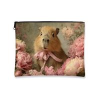 Simpatica borsa per il trucco floreale Capybara, borsa da viaggio vintage con peonia pesca per donne, piccola borsa portatile in tela con cerniera, ideale per articoli da toeletta regalo primaverili