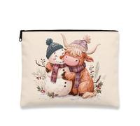 Simpatica borsa per il trucco invernale, fantasioso pupazzo di neve e mucca delle Highland per donne, organizer portatile in tela con cerniera, borsa da toilette per le vacanze, Crema, 7x9 Inch
