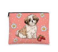 Simpatica borsa per il trucco Shih Tzu, borsa per cosmetici in tela portatile con design floreale con cucciolo per donne, piccola organizer con cerniera per viaggi, regalo ideale per gli amanti degli