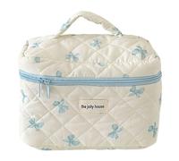Simpatica borsa portaoggetti per trucco con fiocco con cerniera Custodia per cosmetici Borsa trapuntata in cotone per la cura della pelle per donne e ragazze (Blu L)