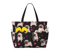 Simpatica borsa tote extra large con stampa di un carlino per donna, borsa da spiaggia pieghevole con tasca, borsa da weekend, borsa da viaggio per la notte.