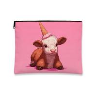 Simpatica custodia per il trucco con mucca, borsa da viaggio per donne, borsa da viaggio portatile piccola in tela con cerniera, regalo di compleanno per la cura della pelle, Pesca, 7x9 Inch, Mucca