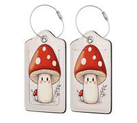 Simpatica etichetta per bagagli a forma di fungo felice per valigia, confezione da 2 etichette per bagagli in pelle con patta per la privacy, etichetta identificativa con nome e anello in metallo, per