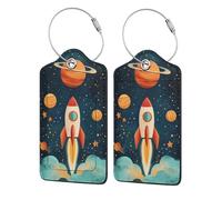 Simpatica etichetta per bagagli a forma di nave razzo nello spazio, confezione da 2 etichette per bagagli in pelle con patta per la privacy, etichetta identificativa con nome e anello in metallo, per