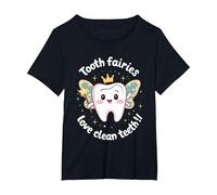 Simpatica Fatina dei Denti e Bacchetta Magica Sorridente Felice Maglietta, Donna Plus-Size, Nero, 5X