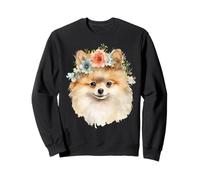 Simpatica maglietta unisex con design a forma di pomerania con corona di fiori Felpa