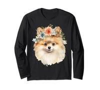 Simpatica maglietta unisex con design a forma di pomerania con corona di fiori Maglia a Manica