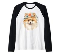 Simpatica maglietta unisex con design a forma di pomerania con corona di fiori Maglia con Maniche Raglan