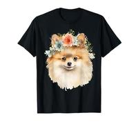Simpatica maglietta unisex con design a forma di pomerania con corona di fiori Maglietta