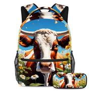 Simpatica mucca e fiore per tornare a scuola con il nostro set zaino e astuccio per ragazzi, ragazze e adolescenti, Multicolore, B：29.4x20x40cm P：19x7.5x3.8cm, Zaini Daypack