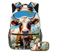 Simpatica mucca e fiore scatena il tuo potenziale con 2 pezzi, zaino grande capacità e astuccio combo, Multicolore, B：29.4x20x40cm P：19x7.5x3.8cm, Zaini Daypack