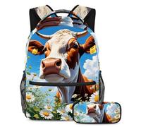 Simpatica mucca e fiore si distinguono dalla folla! Set di 2 zaini per bambini, grande capacità e astuccio per ragazzi, ragazze e adolescenti, Multicolore, B：29.4x20x40cm P：19x7.5x3.8cm, Zaini