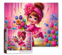 Simpatica ragazza di fiori puzzle, puzzle stravagante da 1000 pezzi per adulti con fiori colorati, vestito rosa, bouquet di tulipani e scena del giardino fantasy, puzzle impegnativo fai da te