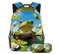 Simpatica rana e fiore torna a scuola con stile con il nostro zaino e astuccio da 2 pezzi, set di zaini premium per ragazzi, ragazze, adolescenti, Multicolore, B:29.4x20x40cm P:19x7.5x3.8cm, Zaini