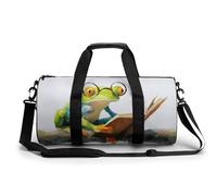 Simpatica rana verde con occhiali da lettura libro da viaggio borsa da palestra per donne uomini borsone cilindrico borsa da allenamento sportiva con tracolla