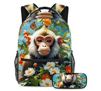 Simpatica scimmia e fiore fatti notare con il nostro set zaino e astuccio, l'ultimo set di zaini per la scuola per ragazzi, ragazze e adolescenti, Multicolore, B:29.4x20x40cm P:19x7.5x3.8cm, Zaini