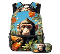 Simpatica scimmia e fiore scatena il tuo stile con questo set di 2 zaini, ideale per ragazzi, ragazze e adolescenti in movimento!, Multicolore, B：29.4x20x40cm P：19x7.5x3.8cm, Zaini Daypack