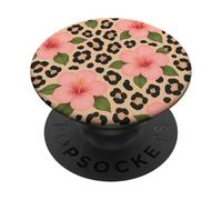 Simpatica stampa leopardata con fiori di ibisco rosa PopSockets PopGrip Adesivo
