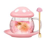 Simpatica tazza da tè in vetro a forma di fungo con infusore e cucchiaio, teiera Kawaii trasparente con filtro, coperchio e sottobicchiere in ceramica, resistente al calore, per uso domestico e