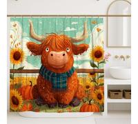 Simpatica tenda da doccia con bovini delle Highlands, decorazione autunnale con mucca arancione per la stagione autunnale, accessorio da bagno in stile fattoria, tessuto impermeabile con ganci, 182 x