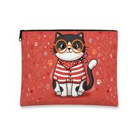 Simpatica trousse con gatto, adorabile astuccio per cosmetici da donna, divertente organizer con cerniera per viaggi, regalo per gli amanti degli animali, Rosso, 7x9 Inch, Gatto