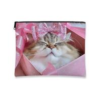 Simpatica trousse per il trucco a forma di gatto, adorabile gattino con fiocco glitterato per donne, organizer portatile in tela con cerniera, scelta perfetta per gli amanti dei gatti, accessori