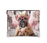 Simpatica trousse per il trucco, cani francesi marroni con occhiali a cuore, piccola borsa portatile in tela con cerniera per donne, organizer per cosmetici da viaggio, per gli amanti degli animali