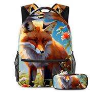 Simpatica volpe e fiore rimangono alla moda e organizzati con il nostro set zaino e astuccio per ragazzi, ragazze e adolescenti, perfetto per la scuola e oltre, Multicolore, B：29.4x20x40cm\