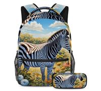 Simpatica zebra e fiore organizzati con il nostro zaino e astuccio da 2 pezzi, set ideale per ragazzi, ragazze, adolescenti, Multicolore, B：29.4x20x40cm P：19x7.5x3.8cm, Zaini Daypack