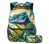 Simpatiche lucertole e fiori rimangono al passo con la tendenza con il nostro set di zaino e astuccio, perfetto per ragazzi, ragazze e adolescenti, Multicolore, B：29.4x20x40cm P：19x7.5x3.8cm, Zaini