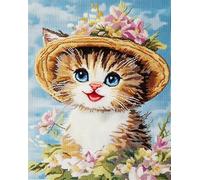simpatici animali 11CT Kit Punto Croce,Gatto che indossa un cappello floreale,Kit Di Ricamo Fai Da Te Fatto A Mano Cucito Kit Da Cucito Cross Stitch Kits Needlework DIY Embroidery Kit,40x50cm