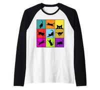 Simpatici Gatti Neri Colorati Silhouette Pop Art Maglia con Maniche Raglan