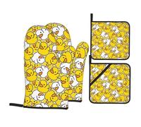 Simpatici guanti da forno e presine a forma di paperelle di gomma, set da 4 pezzi, guanto da forno e presina a forma di paperelle, adatti per barbecue, cottura al forno e microonde.