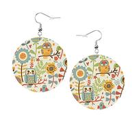 Simpatici orecchini a forma di gufo e Orecchino in pelle a forma rotonda con divertente. Leggero penzola gioielli da donna e ragazza, perfetto da indossare tutti i giorni