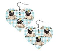 Simpatici orecchini in pelle a quadri bianchi e azzurri Pugs, orecchini pendenti semplici da donna per lei