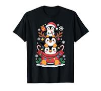 Simpatici Pinguini impilati di Natale con Cappello di Babbo Natale luci di Natale Maglietta