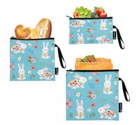 Simpatici sacchetti per snack e sandwich con coniglietti bianchi colorati floreali riutilizzabili in tessuto lavabile con cerniera per viaggi, lavoro, ufficio, scuola (confezione da 3: S/M/L)