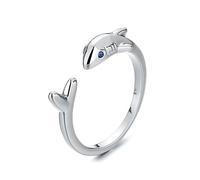 Simpatico anello aperto a forma di squalo, animale marino, pesce con zirconia cubica blu, per donne e ragazze, placcato in argento Sterling, espandibile, regolabile, impilabile, gioiello alla moda