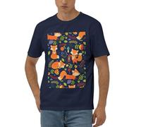 Simpatico animale volpe fiore camicia casual a maniche corte da uomo morbido tessuto elasticizzato comoda maglietta moderna per casa lounge, blu navy, XXL