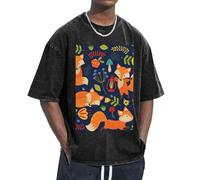 Simpatico animale volpe fiore stampa t-shirt oversize vestibilità classica manica corta relax casa viaggi palestra allenamenti, Nero , S