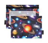 Simpatico astuccio a 3 anelli con cerniera e motivo pianeti dello spazio esterno, per la scuola, con tasche trasparenti, per ufficio, 24,9 x 18 cm, confezione da 2