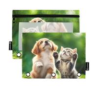 Simpatico astuccio a 3 anelli con cucciolo di gattino, raccoglitore per penne e matite, con cerniera, tasche trasparenti per ragazze, 24,9 x 18 cm, 2 confezioni
