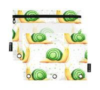 Simpatico astuccio a 3 anelli con lumache in stile cartone animato, con cerniera, astuccio per matite da donna, trasparente, per la scuola, morbido, 24,9 x 18 cm, confezione da 2